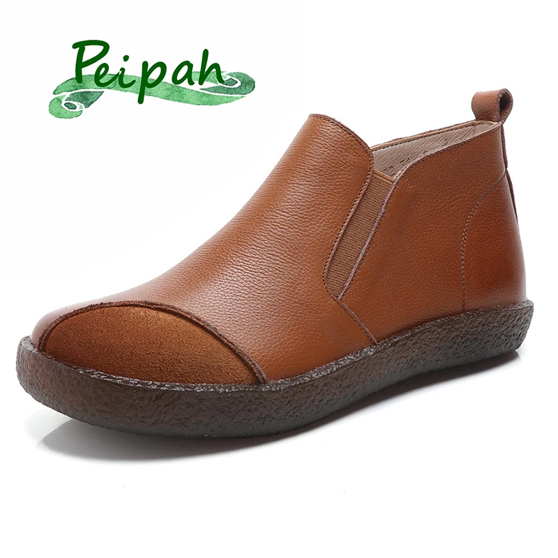 PEIPAH New Designer Handmade Leather Autumn/Winter Women's Boots Single Shoes Woman Flat Bottom Wild Casual Fur Ankle Boots