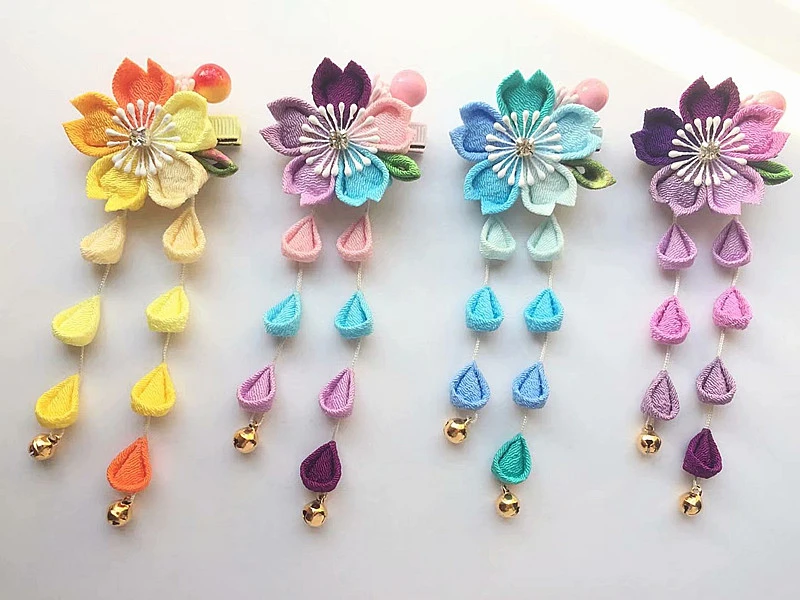 1 шт. заколка для волос ручной работы tsuami Zaiku Kanzashi Sakura цветок Кисточки кимоно Hanfu