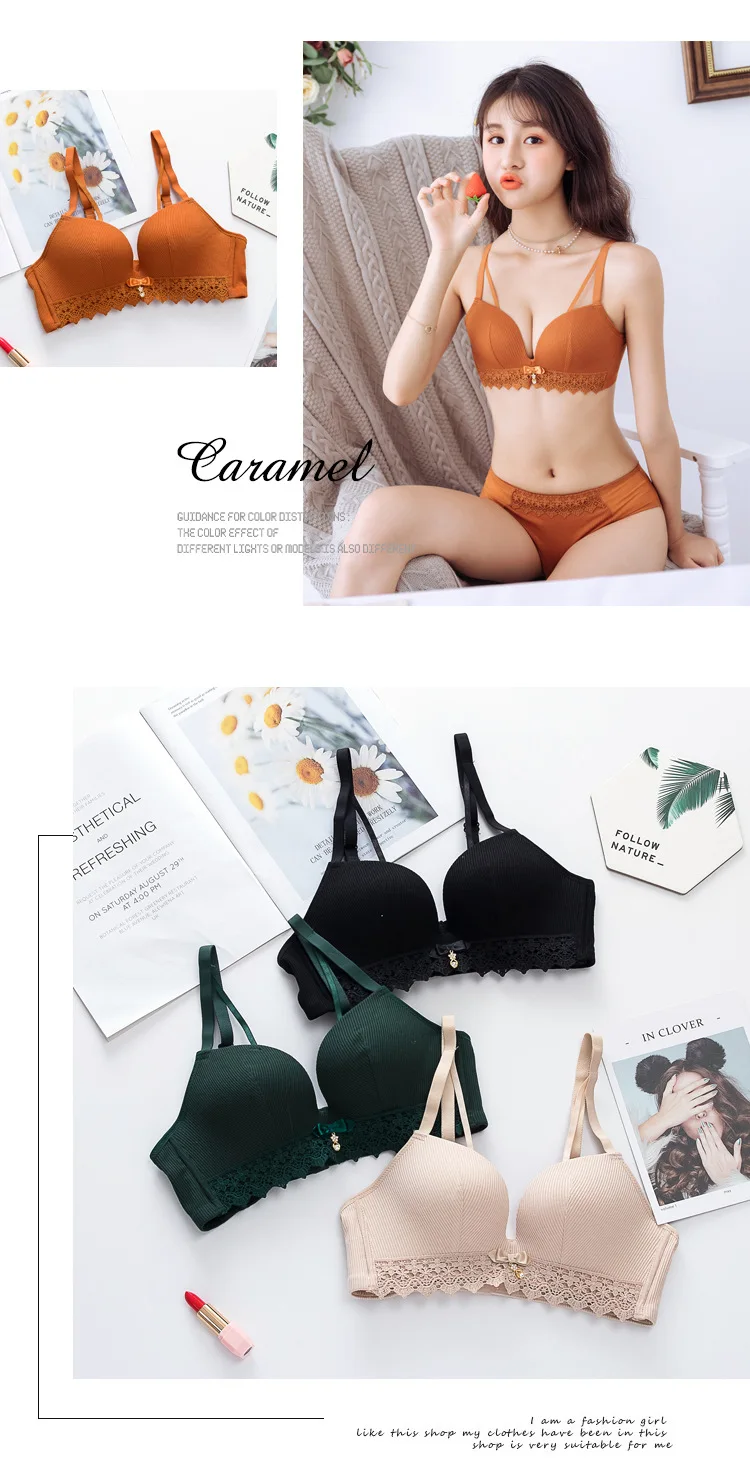 Wasteheart Autumn Green Pink Women Fashion Female Bralette Seamless Bra Cotton Cup A B Lace Bow Padded Maiden Bra Underwear