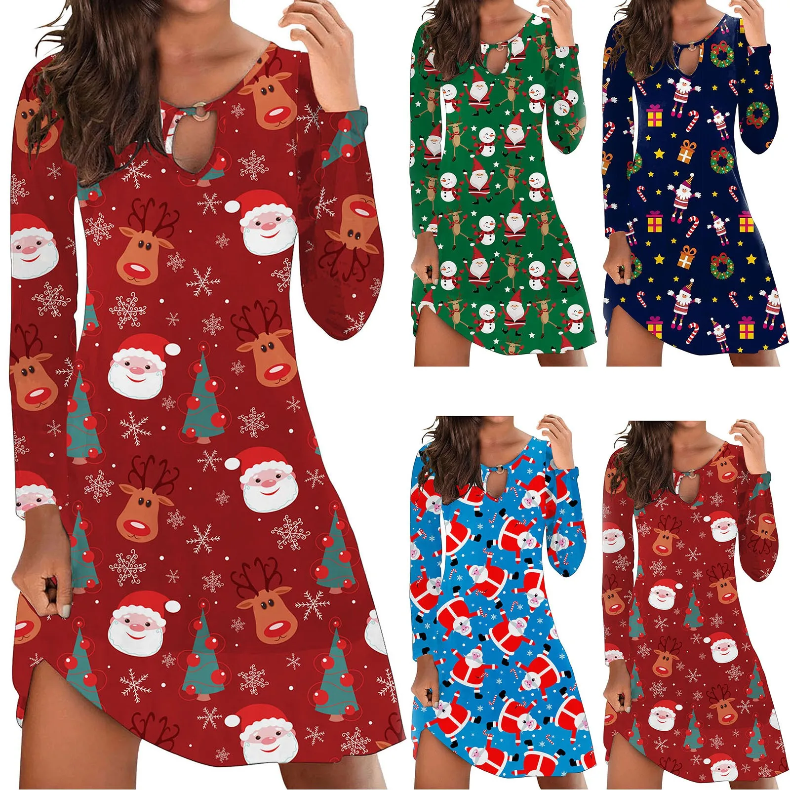 Autumn Casual Women Print Christmas Party Dresses Ladies Fashion V Neck Loose Pullover Dress Long Sleeve Tee Dress Vestido 1