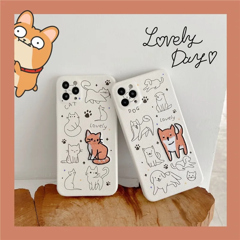 

Cute embroidery dog Cat Couple Phone Cover Case For Iphone X 11 pro Xs Max Xr 10 8 7 Plus SE 4.7 Luxury pu leather Coque Fundas
