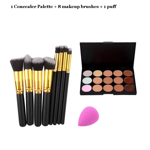 Pro Makeup Set 15 Colors Concealer Contour Palette+ 10pcs/8pcs Eye Makeup Brushes Tools+ Sponge Puff Cosmetics Make Up Kit - Цвет: as pciture show