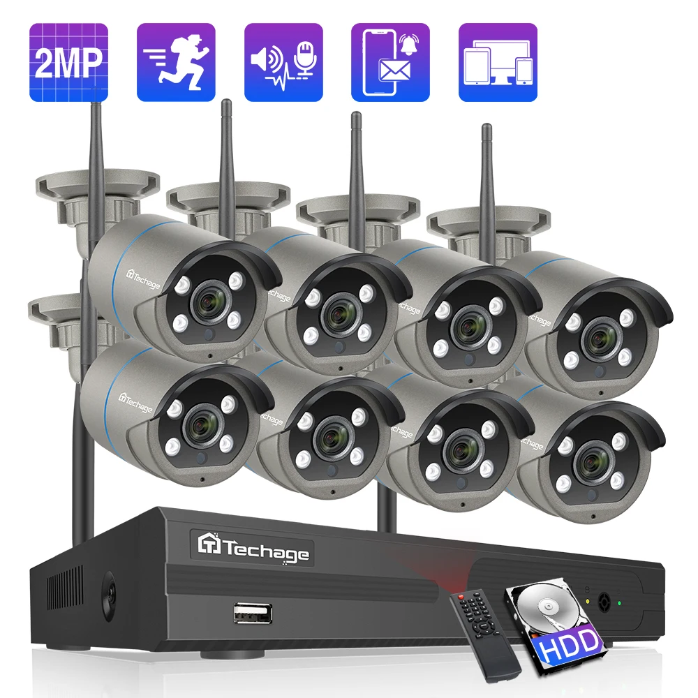 Techage 8CH 1080P Wireless NVR Camera Kit CCTV Security System Outdoor Wifi IP Camera 2MP Audio Sound P2P Video Surveillance Set