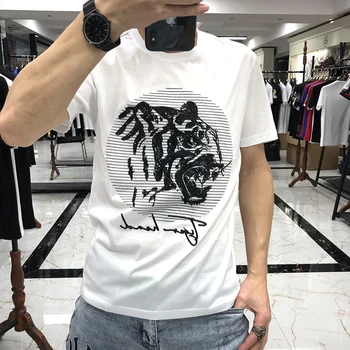 

2020 Men's Short Sleeve T-Shirt European Tiger Sequin Embroidered Mercerized Cotton Summer Trend Fashion Breathable youth