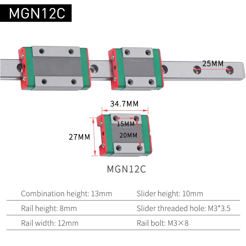 Миниатюрная линейная направляющая, мини линейная каретка, блок GCR подшипника, стальные линейные направляющие MGN 9C 9H 12C 12H 15C 15H 100 мм 750 мм - Цвет: MGN12C