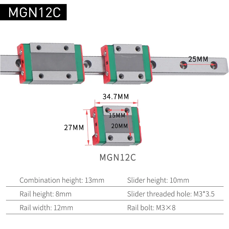 MGN12C Миниатюрная линейная направляющая, мини линейная каретка, блок GCR подшипника, стальные линейные направляющие MGN 9C 9H 12C 12H 15C 15H 100 мм 750 мм - Цвет: MGN12C