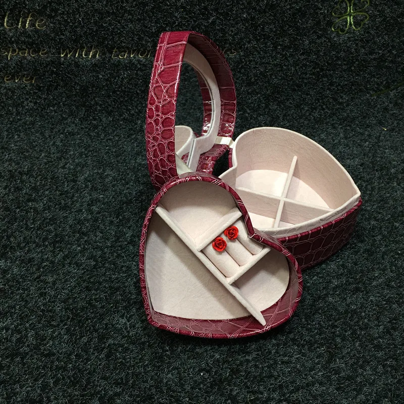 Portable Jewelry Storage Box Heart Shaped PU Leather Travel Case For Ring Compartments Jewelry Box with Mirror Two Layers