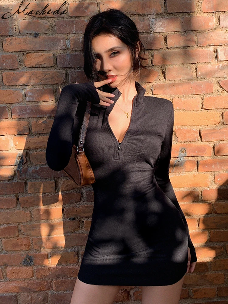 Macheda Elegant Autumn Winter Black Bodycon Dress Women 2022 Turtleneck Slim Ribbed Knitted Long Sleeve Mini Dress Vestido 4