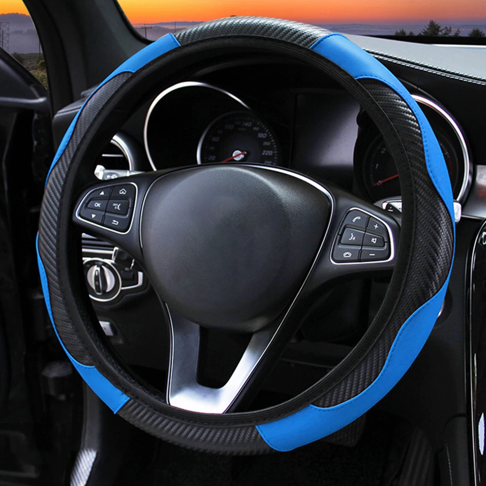 Black-Blue Чехол рулевого колеса автомобиля из углеродного волокна Кожаный чехол для рулевого колеса Противоскользящий костюм для 37-38 см диаметр аксессуары для интерьера - Название цвета: Black-Blue