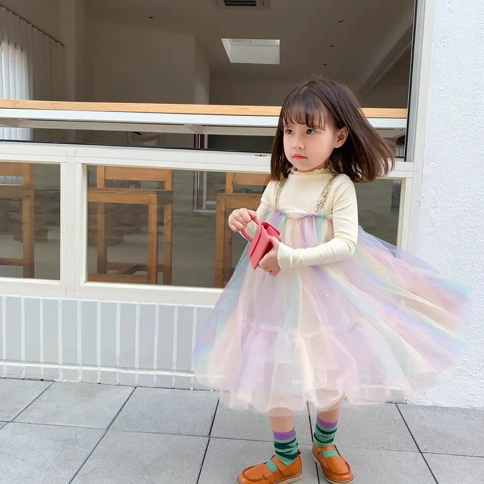 

Children's clothing girl spring and autumn girl baby's princess dress children's dress little girl's Rainbow mesh fairy skirt