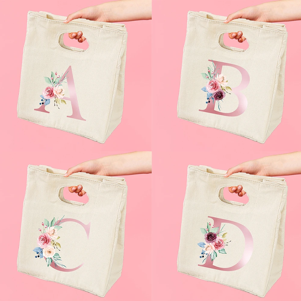 

Pink English Flower Letter Print Women Lunch Thermal Insulated Tote Bag Eco Food Storage Beach Travel Picnic Dinner Customizable