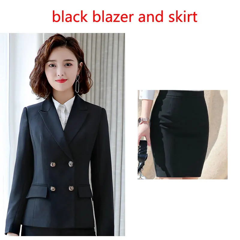 black coat and skirt IZICFLY стиль осень деловые брюки набор Униформа для женщин офисные элегантные деловые брюки костюмы для женщин Рабочая одежда плюс размер - Цвет: black coat and skirt