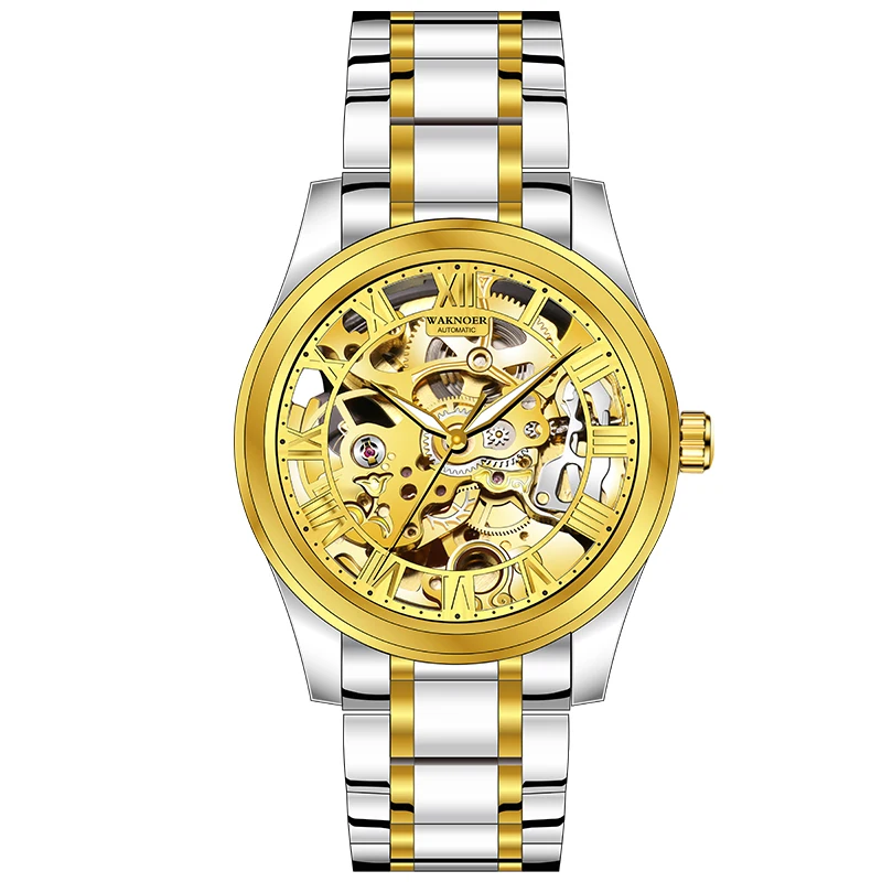WAKNOER механические часы для мужчин из нержавеющей стали водонепроницаемые золотые Роскошные наручные часы мужские часы лучший бренд Модные Повседневные Montre Homme - Цвет: mix gold
