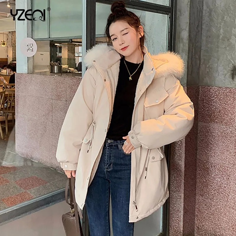 

Yzeqi Winter Short Jacket Women Fashion Warm Velvet Hooded Big Fur Parka Female Cotton Padded Jacket Outerwear Parka Down Coat