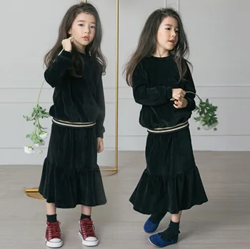 

4 To 16 Years Kids & Teenager Big Girls Black Velour Long Sleeve Blouse with Fishtail Flare Skirt 2 Pieces Set Velvet Clothes