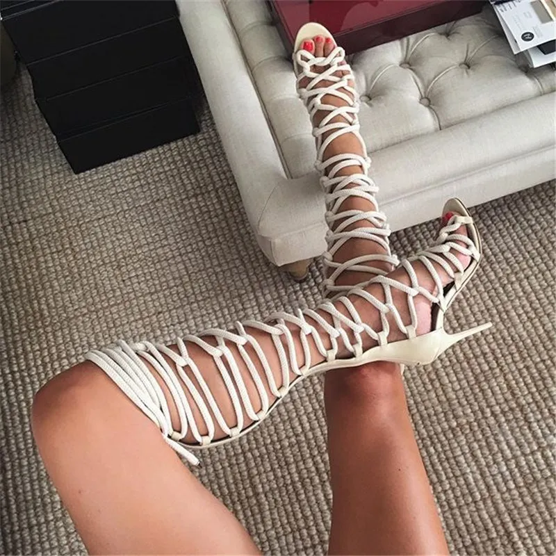 Summer Gladiator Rope Sandals Boots Women Roman Open Toe Cross-tied Knee High Boots Femme Beach High Heel Shoes Woman Botas