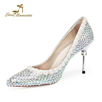 

2019 Women Pumps Point Toe Slim Shallow Elegant Wedding Zapatos High Gladiator Heel Decor Gorgeous AB Crystal Woman Pumps Mujer