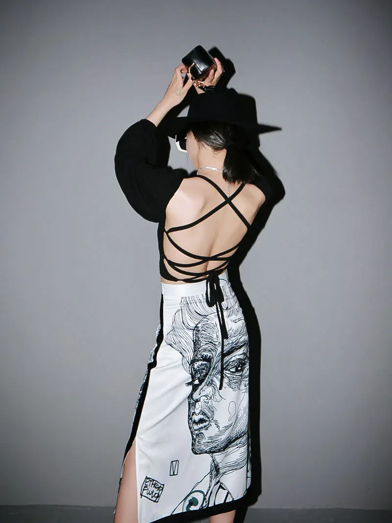 Get spring Frauen Rock Long Split Print Charakter Röcke mit hoher Taille Farbe passend Vintage alle Macth Frühling Sommer Röcke 2021 – Detail 6