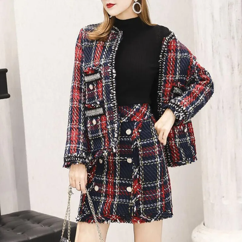 Rok Past Vrouwen Runway Designer Elegant Office Dames Formele Tweed Wol Plaid Blazer Jacket Mini Rok 2 Delige Set 2020 winter Rok Past Vrouwen Runway Designer Elegant Office Dames Formele Tweed Wol Plaid Blazer Jacket Mini Rok 2 Delige Set 2020 winter