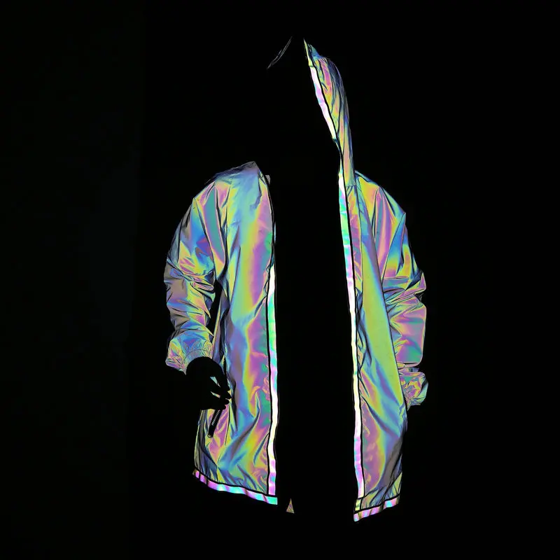 Finest  Men Rainbow Reflective Light Long Jacket Streetwear Women Hooded Coat Full Zip Jogger Night Dazzlin
