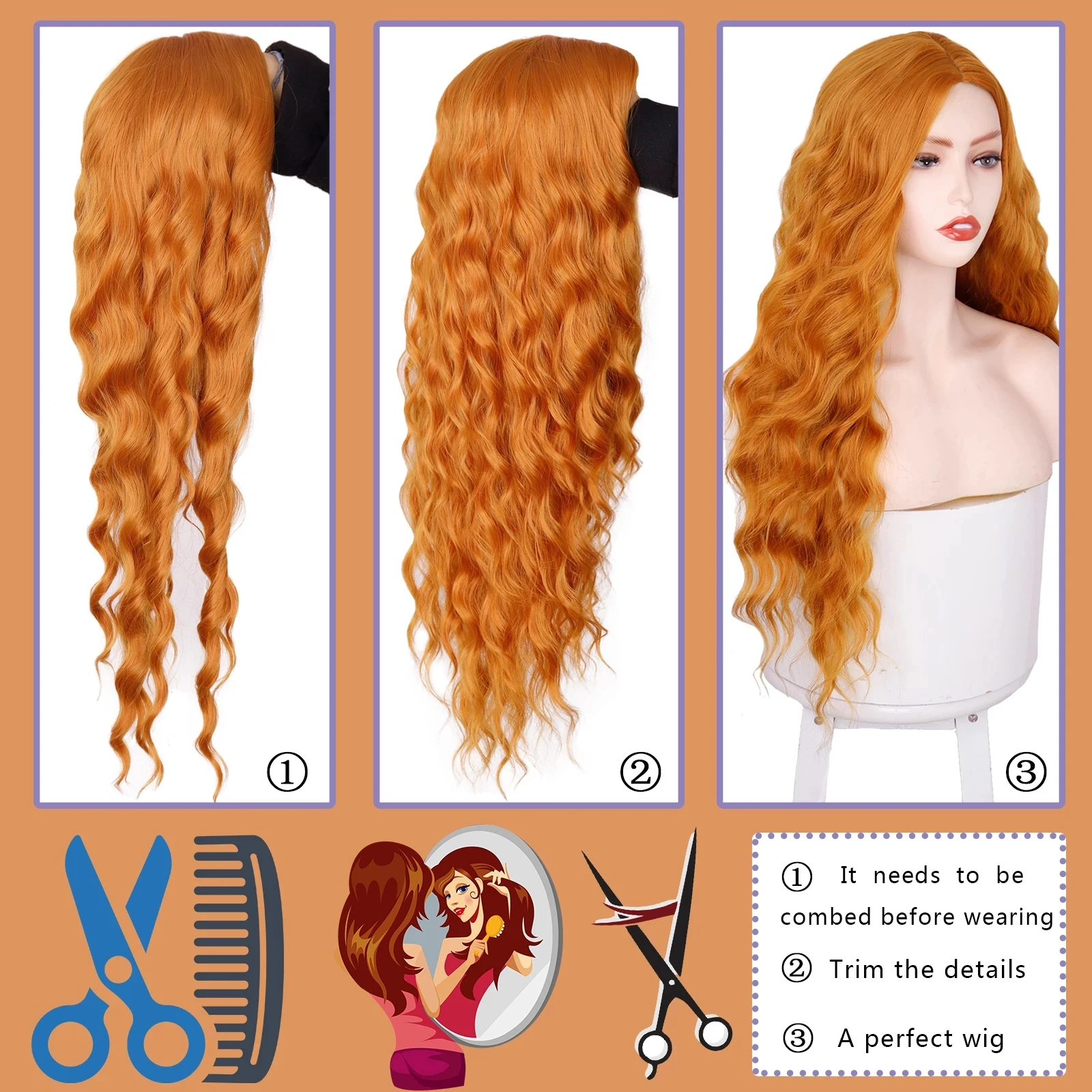 perucas sintéticas perucas de cabelo de onda longa peruca preta laranja média resistente ao calor peruca sintética de fibra para cosplay feminino