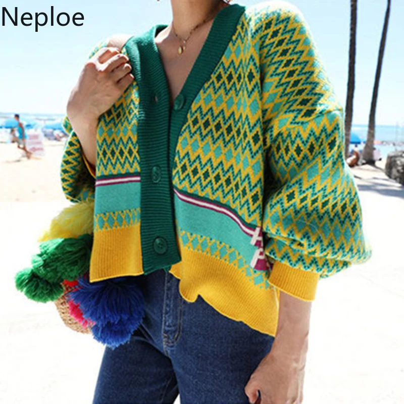 

Neploe Fall/Winter 2019 Loose V-collar Rabbit Hair Cardigan Short Plaid Knitted Sweater Thicken Woman's Coat Pull Jumpers 54755