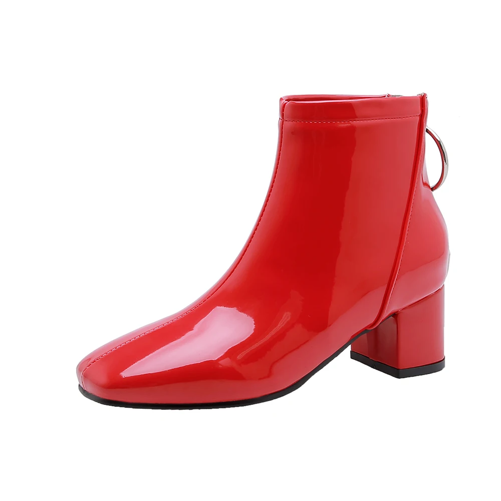 Новые ботильоны из лакированной кожи; женские осенне-зимние ботинки на молнии на высоком квадратном каблуке; женская обувь с круглым носком; цвет белый, красный, черный, розовый