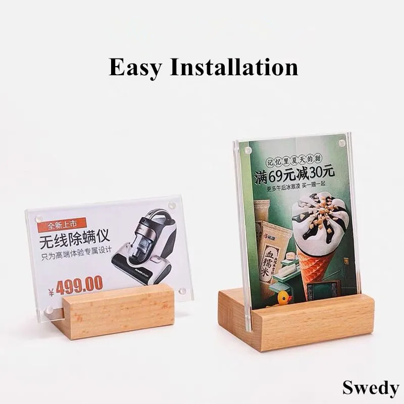 A6 100X150MM L- shape Plastic Poster Menu Sign Holder Display Stands Counter Wood Base Acrylic Leaflet Photo Picture Frame