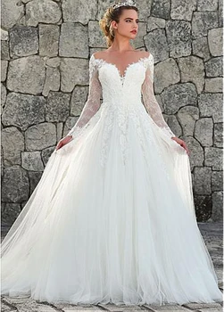 

Turkey A-Line Tulle Illusion Neckline Wedding Dress Off The Shoulder Long Sleeve Lace Applique Sexy Back Boho Bridal Gowns Beach