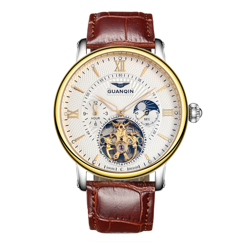 GUANQIN GJ16036 часы для мужчин люксовый бренд Tourbillon автоматические спортивные часы с фазой Луны золотые мужские кожаные Наручные часы - Цвет: gold and white