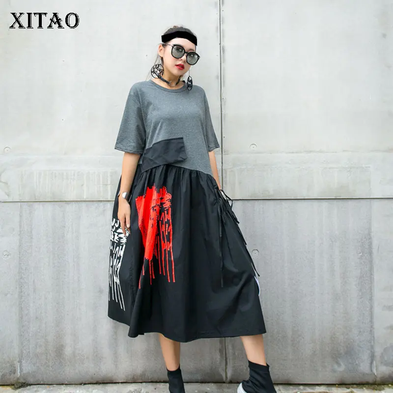 Xitao plus size vestido de moda nova cintura alta elegante 2020 verão pulôver retalhos hit cor deusa fã vestido casual gcc3514