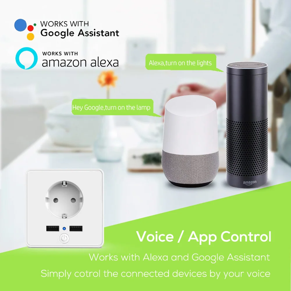 

Wifi Smart Wall Socket 2 USB Ports 10A Timer Switch Control Outlet Voice Control Works With Alexa Google App Smart Life EU plug