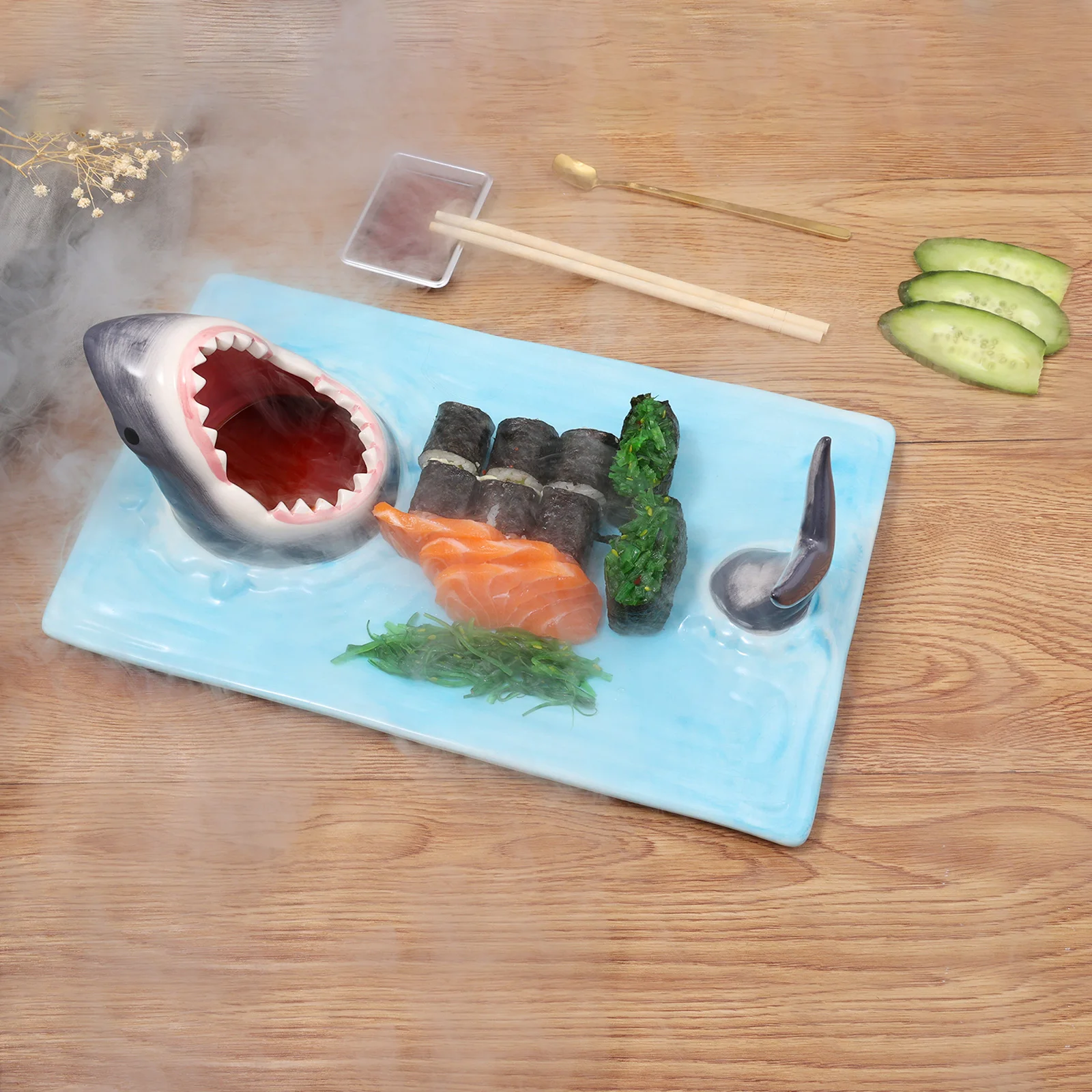 Ceramic Sushi Plate Shark Shape Rectangle Dessert Cake Snack Cheese Board Japanese-Style Skewer Plates