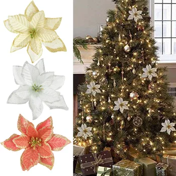 

10Pcs Glitter Poinsettia Flower Christmas Wreath Tree Decorations Xmas New Year Gift Party Wedding Flower Scrapbook Garlands