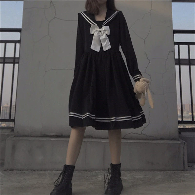 

Japanese Lolita Kawaii Sweet Bowknot Robes Long-Sleeve Black Knee-Length Navy Preppy Party Women Summer Dress clothes dresses