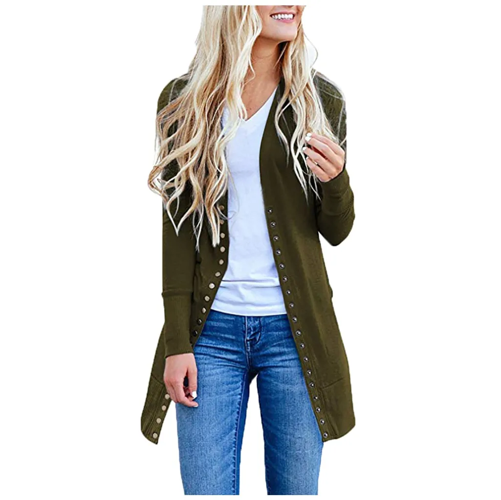 Army Green Модные однотонные длинные пуговицы Кимоно Кардиган Зимний Открытый передний свитер Повседневный сладкий вязаный свитер пальто женский тонкий крой Блузка Топы - Цвет: Army Green