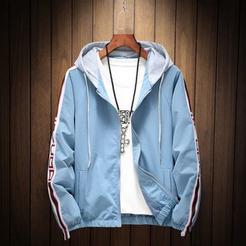 

Harajuku Blue Jacket Men Spring Summer Hooded Mens Windbreaker Jackets Spliced Ribbon Run Jogging Casual Sport Outerwear Male