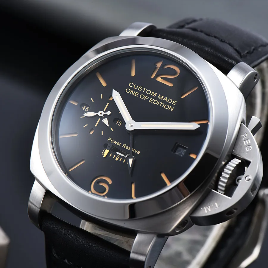 44mm Watch Men Power reserve Automatic Mechanical GMT Leather Strap Case luminous Sports military watch men P-01