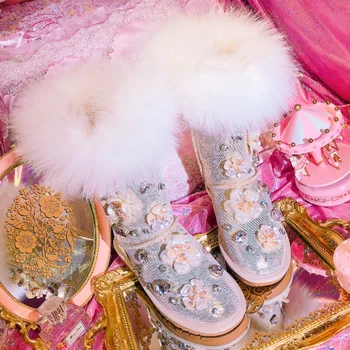 

2020 autumn and winter new fox fur leather pearl flowers high-end custom high-tube flat-bottom women's cotton shoes snow boots