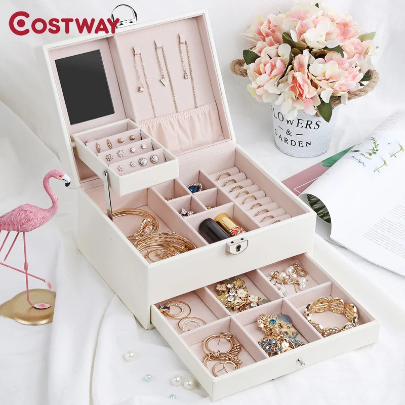 

COSTWAY Portable Jewelry Box Organizer Big PU Ring Stud Earrings Jewelry Storage Box With Mirror Faux Leather Box W0614