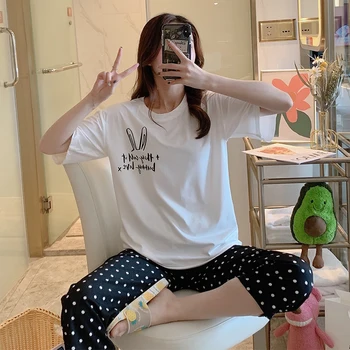

2020 Summer Short Sleeve Knee Length Pajama Sets for Women Cute Cartoon Sleepwear Suit Pyjama Homewear Pijama Mujer Home Clothes