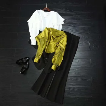 

Women's Set 2020 Spring Fashion Clothing Suits Ladies Waist Band Patchwork White Green Tops Blouse+Flare Leg Pant Set Female