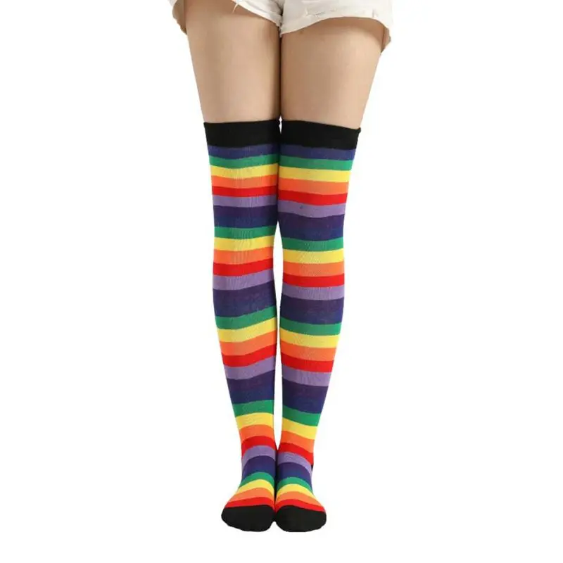 

Women Girls Fancy Rainbow Colorful Stripes Over Knee Long Socks Halloween Cosplay Costume Knitted Stretchhy Thigh High Stockings