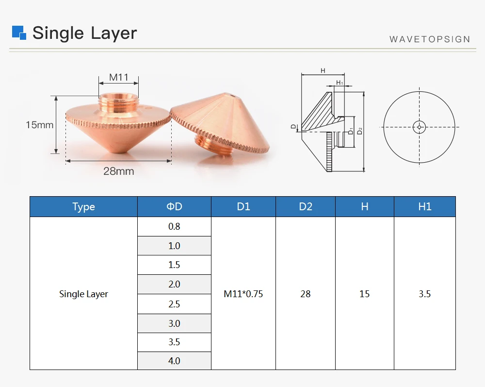 WaveTopSign диа. 28 мм Лазерная насадка один двойной слой Калибр 0,8-5,0 резьба M11 для Precitec WSX волоконная Лазерная режущая головка