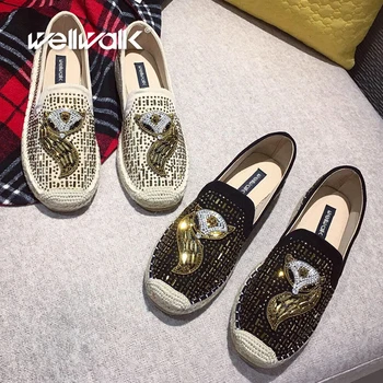 

Animal Design Flat Loafers Women Hemp Shoes Bling Rhinestone Fox Espadrilles Round Toe Female Crystal Moccasins Ladies Flat Shoe