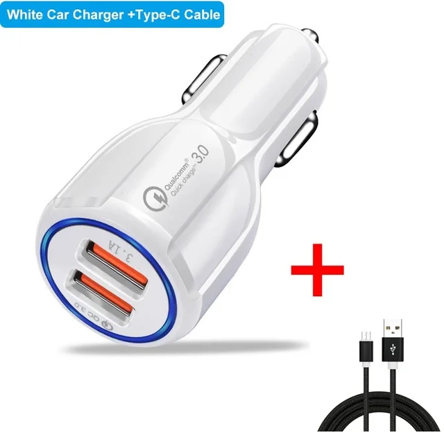 Автомобильное зарядное устройство Dual USB Quick Charge 3,0 2,0 для IPhone XS 8 QC 3,0 Автомобильное зарядное устройство для samsung Galaxy S10 huawei зарядное устройство адаптер - Тип штекера: White Typec Cable
