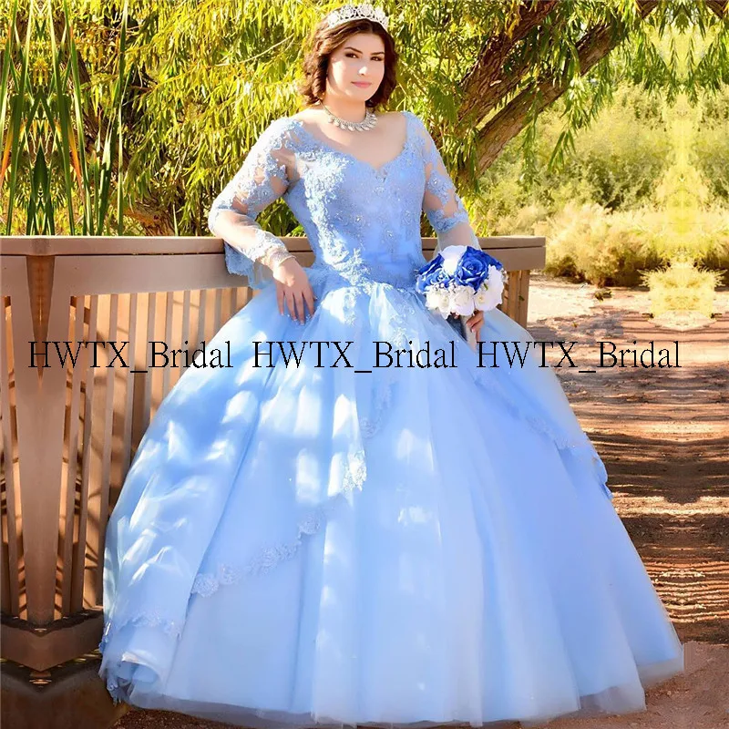 Новые платья с длинными рукавами, бальное платье больших размеров, vestidos 15 anos, кружевные юбки, небесно-голубой тюль, вечерние платья для выпускного вечера