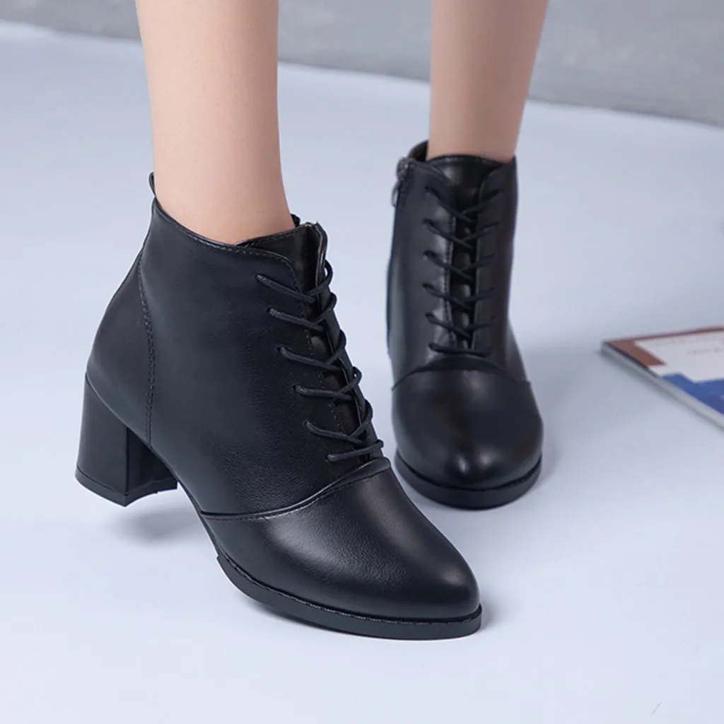 

MUQGEW Women's Ankle Boots Fashion Pointy Toe Square Heel Women's Boots Autumn Genuine Leather Lace Up Round Toe Martin boots