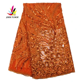 

2020 High Quality Luxury Burnt Orange African Nigerian French Beaded Sequins Mesh Net Tulle Dress Lace Fabric with Sequence