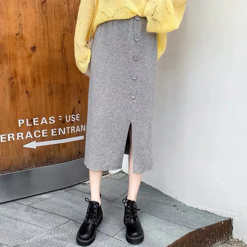 MMHigh Waist Autumn&Winter Women Button Skirts Warm skirt Long Female Rib Skirts With ButtonCM